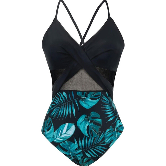 Womens One Piece Monokini Swimsuit Size XXXL Black Green Leaf Sheer Panels - Picture 4 of 15